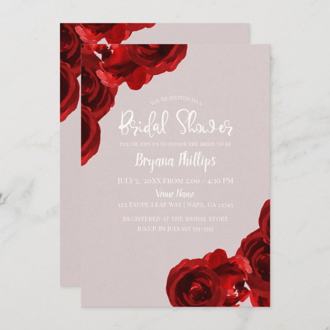 Invitation Taupe Blush Red Aquarelle Rose Fête des mariées (Devant / Derrière)
