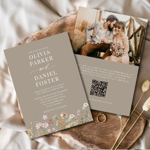 Invitation Taupe Boho Fleur sauvage QR Code Mariage photo
