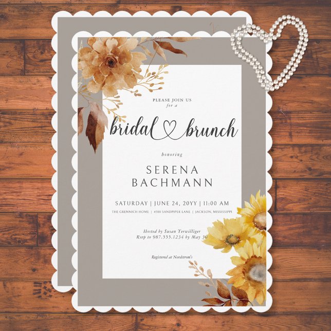 Invitation Taupe de tournesol d'automne rustique Brunch nupti (Rustic Autumn Sunflower Taupe White Bridal Brunch Invitation)