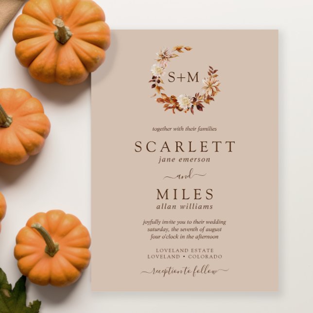 Invitation Taupe Fall Terracotta Monogramme Mariage de couron (Taupe Fall Terracotta Monogram Wreath Wedding Invitation by Painted Paperie
)