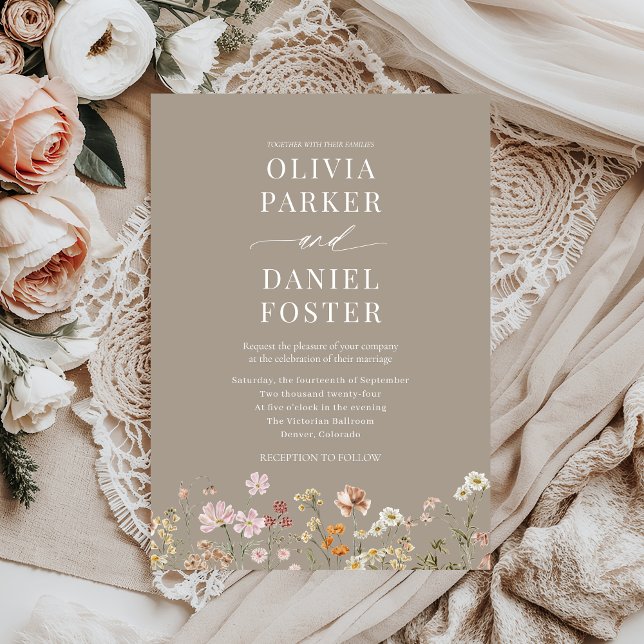 Invitation Taupe Fleur sauvage minimaliste Mariage (Créateur téléchargé)