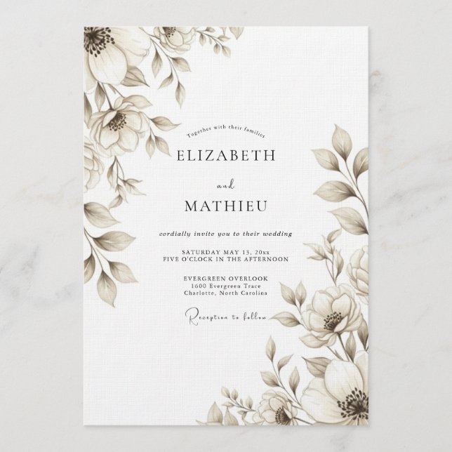 Invitation Taupe Floral Bloom Wedding (Devant)