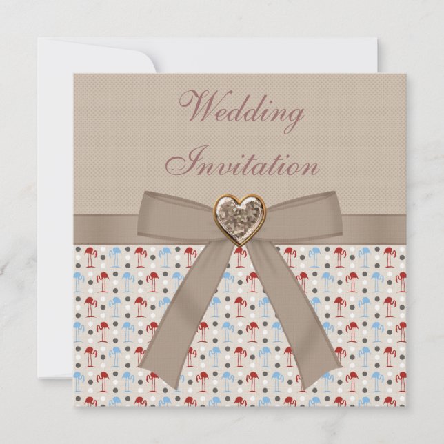 Invitation Taupe Linen Wonderland Flamants roses de mariage (Devant)