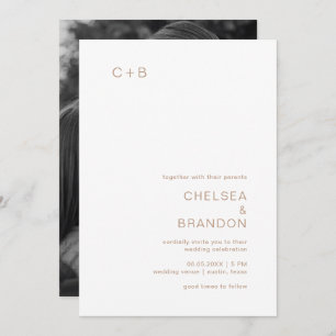 Invitation Taupe minimaliste Monogramme Photo Mariage moderne