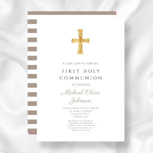 Invitation Taupe moderne Cross Boy First Communion