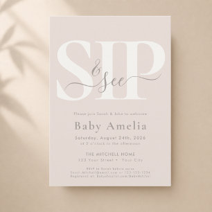 Invitation Taupe Naturel Écriture Simple Bohème Sip And See