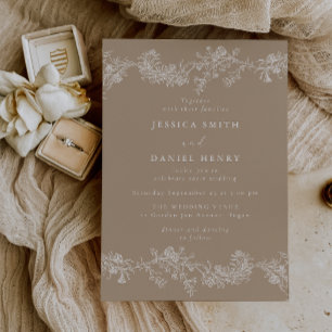 Invitation Taupe pâle vintage et Mariage floral blanc