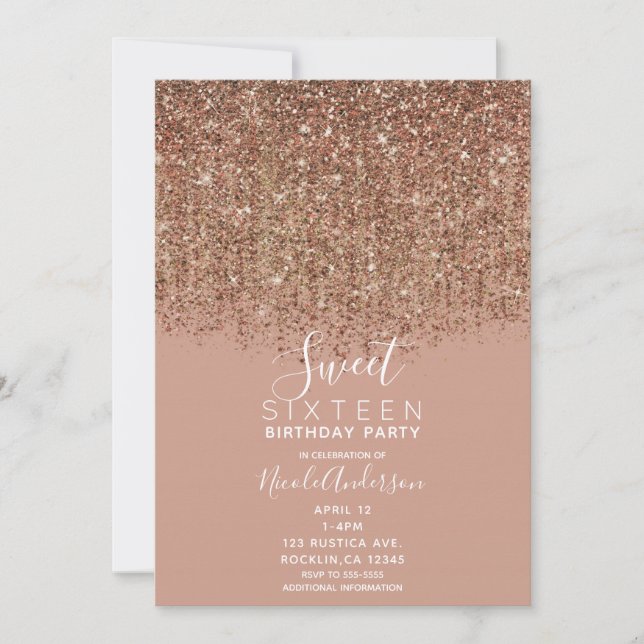 Invitation Taupe Pink Bronze Or Parties scintillant Douce 16  (Devant)