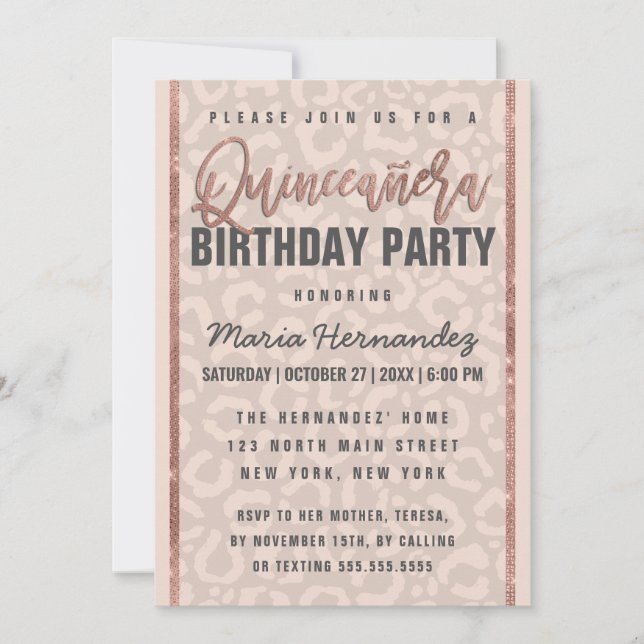 Invitation Taupe Rose Rose Parties scintillant or Cheetah Qui (Devant)