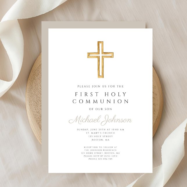 Invitation Taupe Script Religious Cross Boy First Communion (Taupe Script Religious Cross Boy First Communion Invitation)
