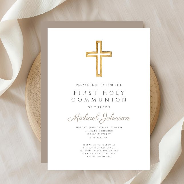 Invitation Taupe Script Religious Cross Boy First Communion (Taupe Script Religious Cross Boy First Communion Invitation)