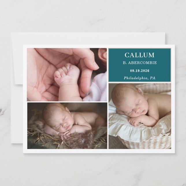 Invitation Taupe Teal Baby Photo Collage Announcement Card (Devant)