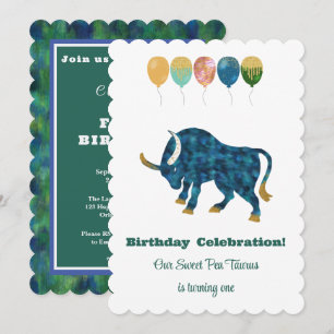 Invitation Taureau 1er Anniversaire Impressionniste Paillette