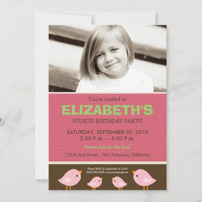 Invitation {TBA} Anniversaire rose de la petite fille aux ois (Devant)