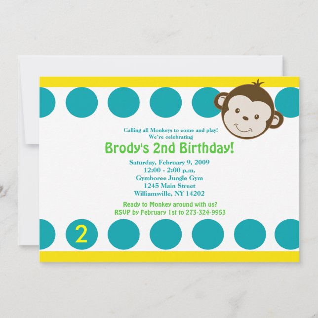 Invitation {TBA} Mignon Mod Monkey Bleu/Jaune Anniversaire 5x (Devant)