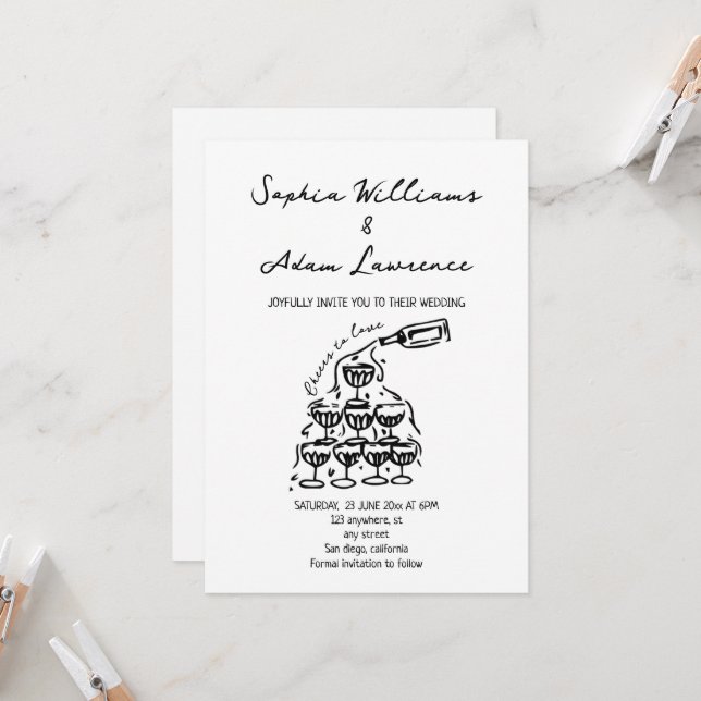 Invitation Tchin à l'amour Mariage Dessin à la Main (Devant/Arrière en situation)