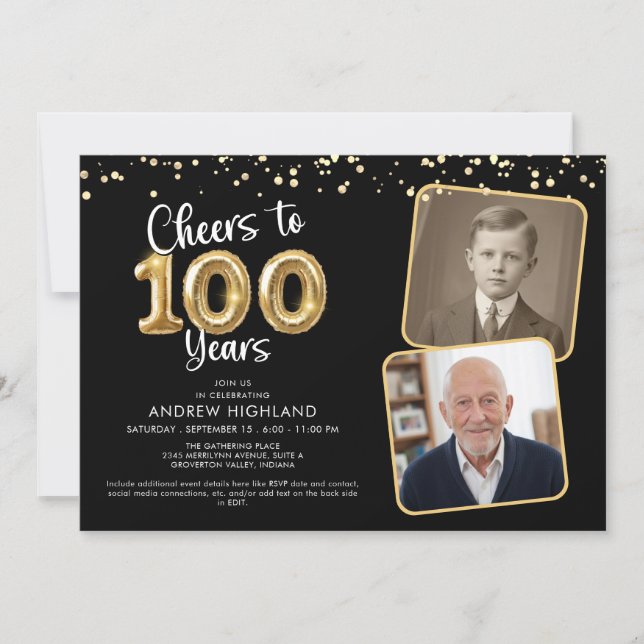 Invitation Tchin-tchin pour 100 Ans 2 Photos Script Ballon (Devant)