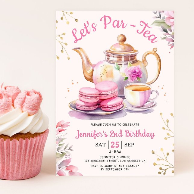 Invitation Tea Anniversaire Fille Rose Let's Par-Tea (Créateur téléchargé)