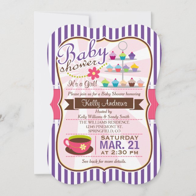 Invitation Tea Brown et rose, Baby shower Cupcake (Devant)