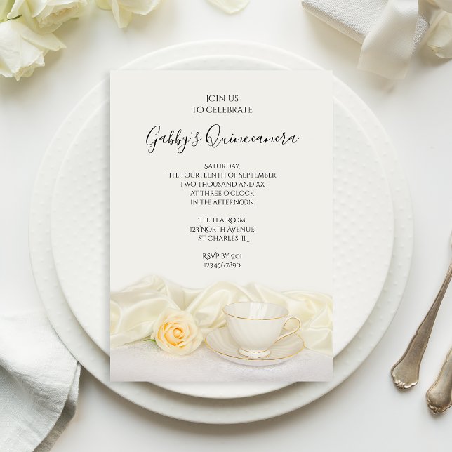 Invitation Tea Cup et Rose blanche Quinceanera Party (Créateur téléchargé)