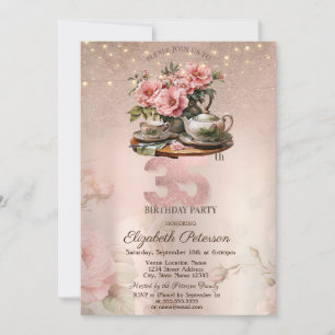Invitation Tea Cup Flowers Parties scintillant Rose Gold 35e 