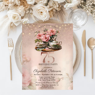 Invitation Tea Cup Flowers Parties scintillant Rose Gold 75e
