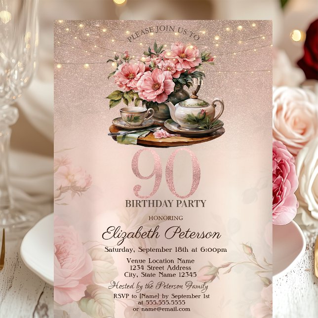 Invitation Tea Cup Flowers Parties scintillant Rose Gold 90e  (Créateur téléchargé)