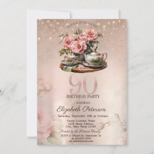 Invitation Tea Cup Flowers Parties scintillant Rose Gold 90e