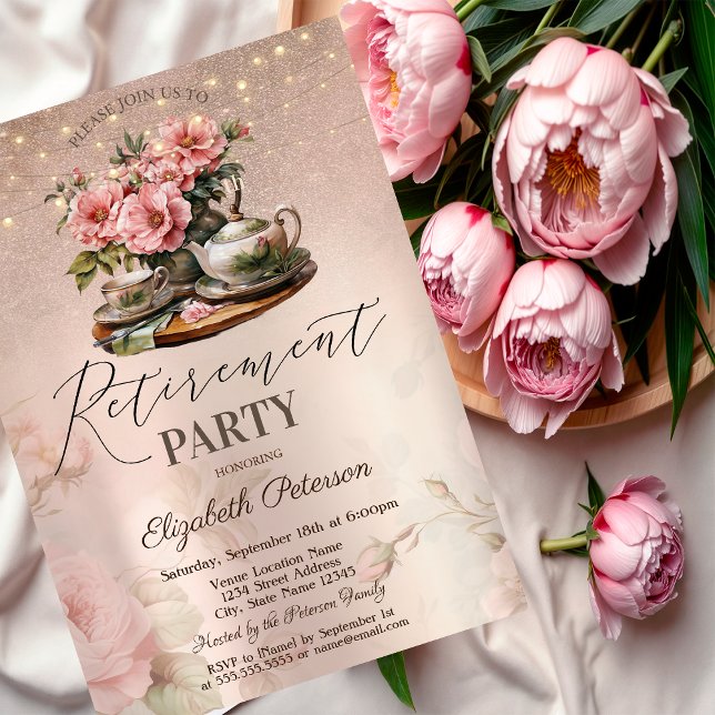 Invitation Tea Cup Flowers Parties scintillant Rose Gold Retr (Créateur téléchargé)