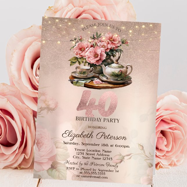 Invitation Tea Cup Flowers Parties scintillant Rose or 40e an (Créateur téléchargé)