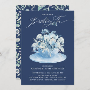 Invitation Tea d'anniversaire floral bleu élégant