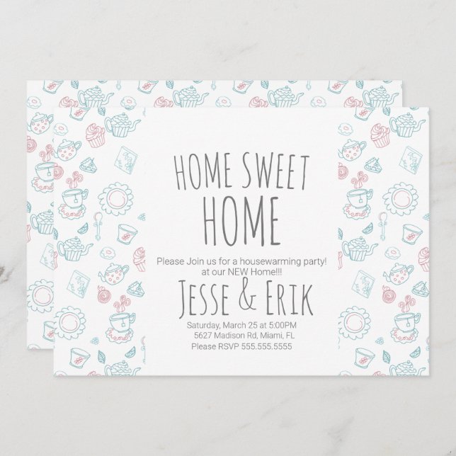 Invitation Tea Doodles moderne Fête de réchauffement de la ma (Devant / Derrière)