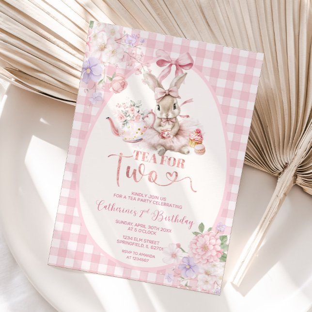 Invitation Tea For Two Easter Bunny Pink Gingham 2nd Birthday (Créateur téléchargé)