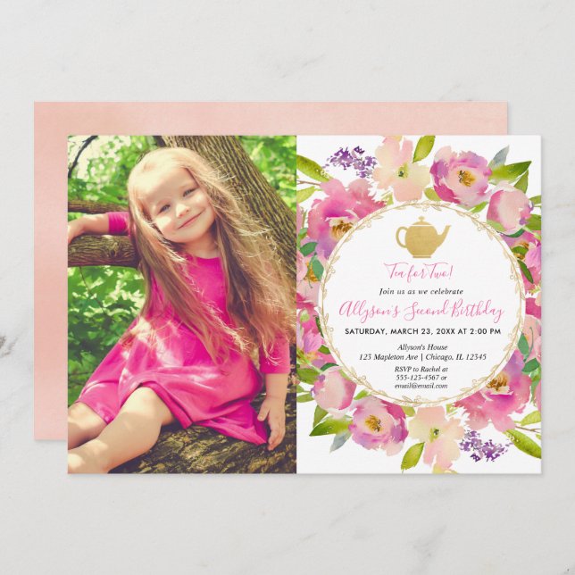 Invitation Tea for Two, Girl 2e anniversaire photo florale (Devant / Derrière)