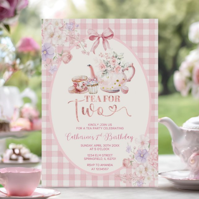 Invitation Tea For Two Pink Floral Tea Pot Party 2nd Birthday (Créateur téléchargé)