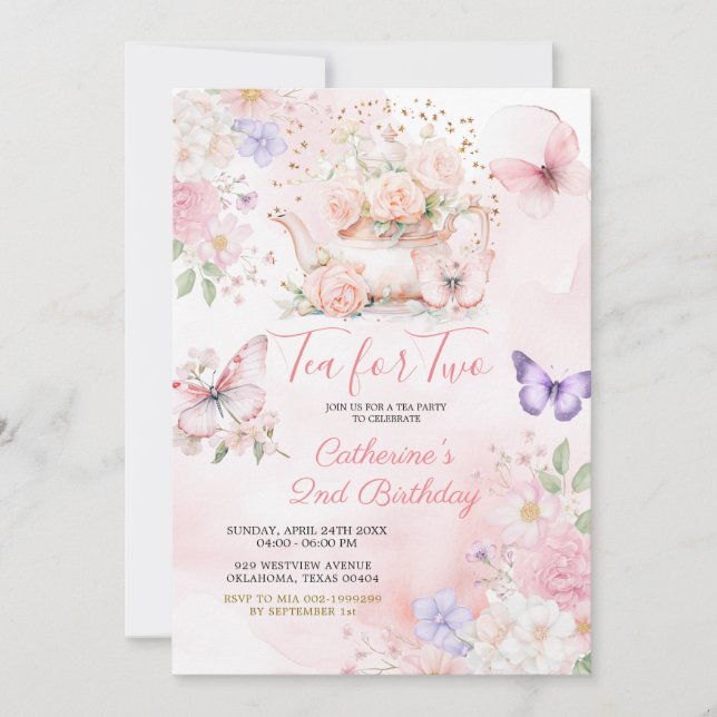 Invitation Tea For Two Pink Purple Tea Party Butterfly  (Devant)