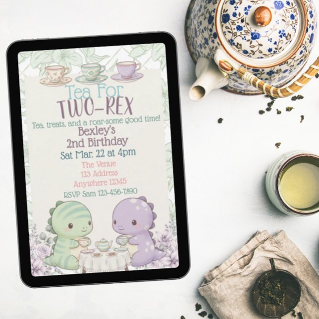 Invitation Tea for Two-Rex Pastel Dinosaur 2nd Birthday (Créateur téléchargé)