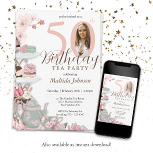 Invitation Tea Party 50e anniversaire Floral rose photo perso