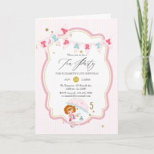 Invitation Tea Party 5e anniversaire de la fille rose et or