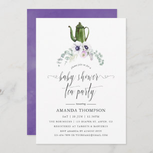 Invitation Tea Party à Baby shower floral violet poussiéreux