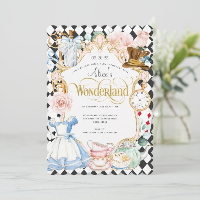 Invitation Tea party Alice au pays des merveilles rose fille  (Debout devant)