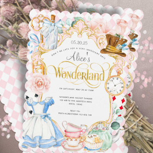 Invitation Tea party Alice au pays des merveilles rose fille