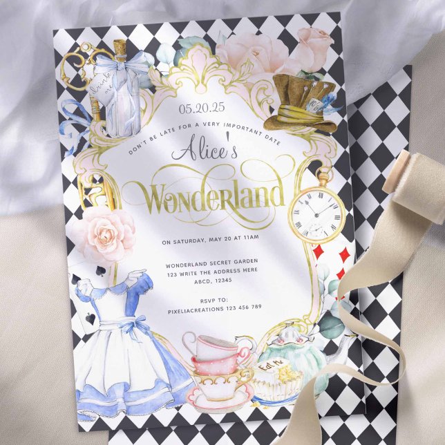 Invitation Tea party Alice au pays des merveilles rose fille  (Girl 1st birthday, Alice in Wonderland themed birthday invitations)