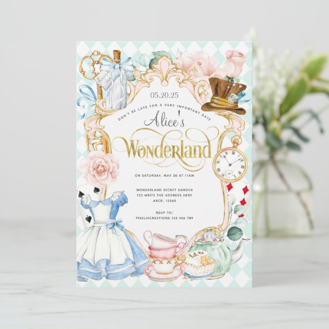 Invitation Tea party Alice au pays des merveilles rose fille  (Debout devant)