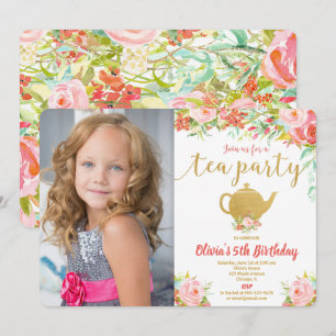 Invitation Tea party anniversaire aquarelle florale or rose