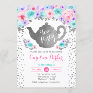 Invitation Tea Party Anniversaire - Argent Turquoise rose vio