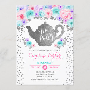 Invitation Tea Party Anniversaire - Blanc d'argent Turquoise 