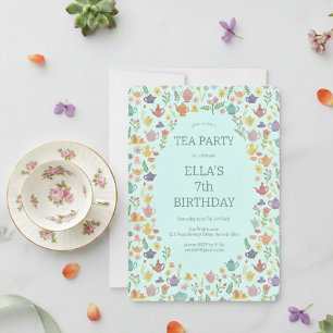 Invitation Tea Party Anniversaire Cute Custom coloré Floral