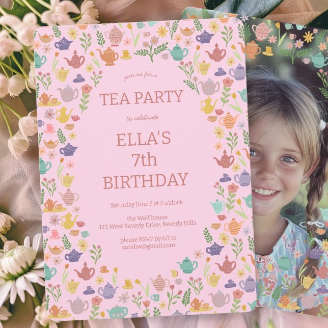 Invitation Tea Party Anniversaire Cute Photo personnalisée (Tea Party Birthday Cute Custom PHOTO Invitation Pink Girlie Cute Sweet 
)