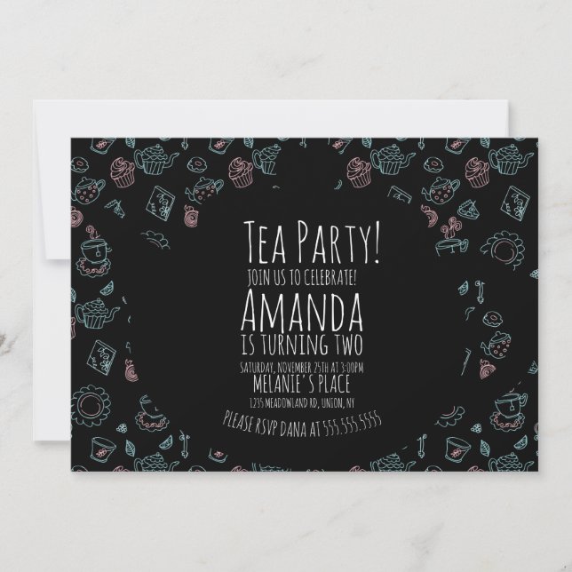 Invitation Tea Party Anniversaire Doodle Arrière - plan Invit (Devant)